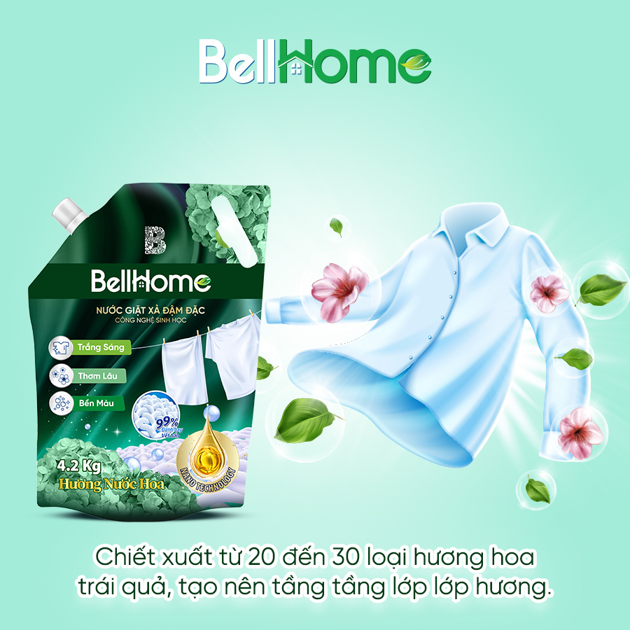 Túi Nước Giặt Xả Công Nghệ Sinh Học Bell Home Xanh Lá Hương Sang Trọng 4,2KG