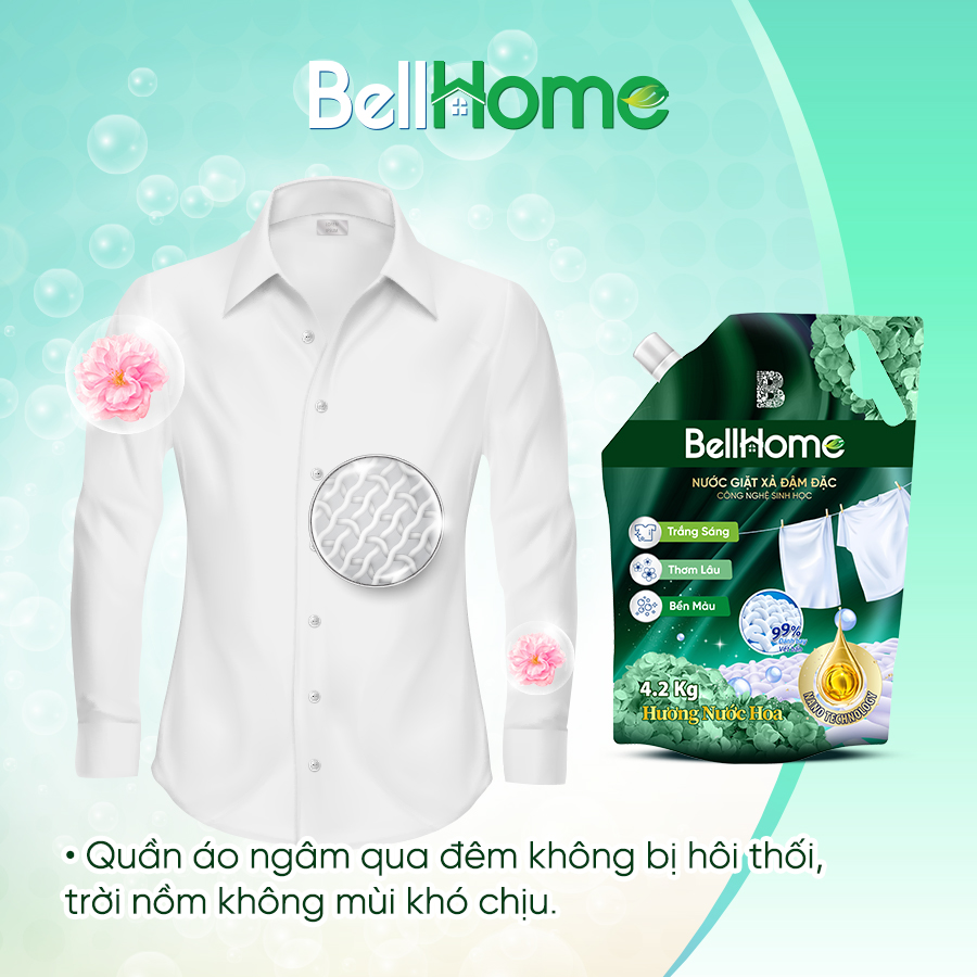  Túi Nước Giặt Xả Công Nghệ Sinh Học Bell Home Xanh Lá Hương Sang Trọng 4,2KG