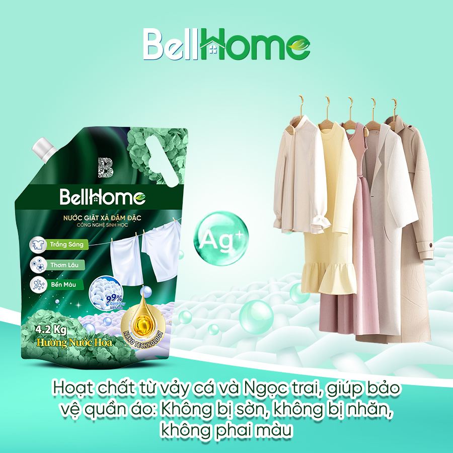  Túi Nước Giặt Xả Công Nghệ Sinh Học Bell Home Xanh Lá Hương Sang Trọng 4,2KG